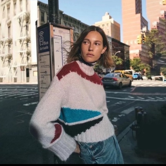 ZARA COLOR BLOCK WOOL BLEND KNIT SWEATER PINK - Picture 2 of 8